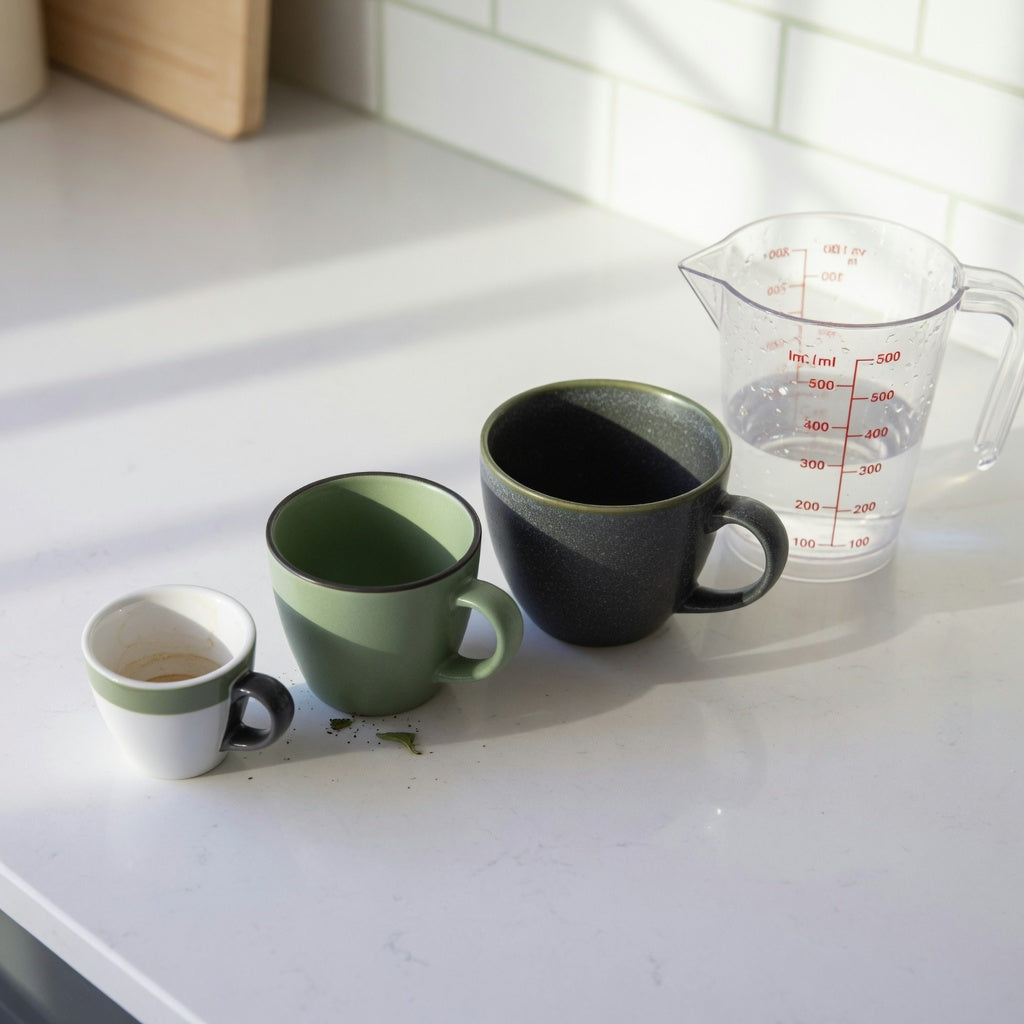 Comparison image for cappuccino coffee mug current product facts showing three cups beside a measuring jug