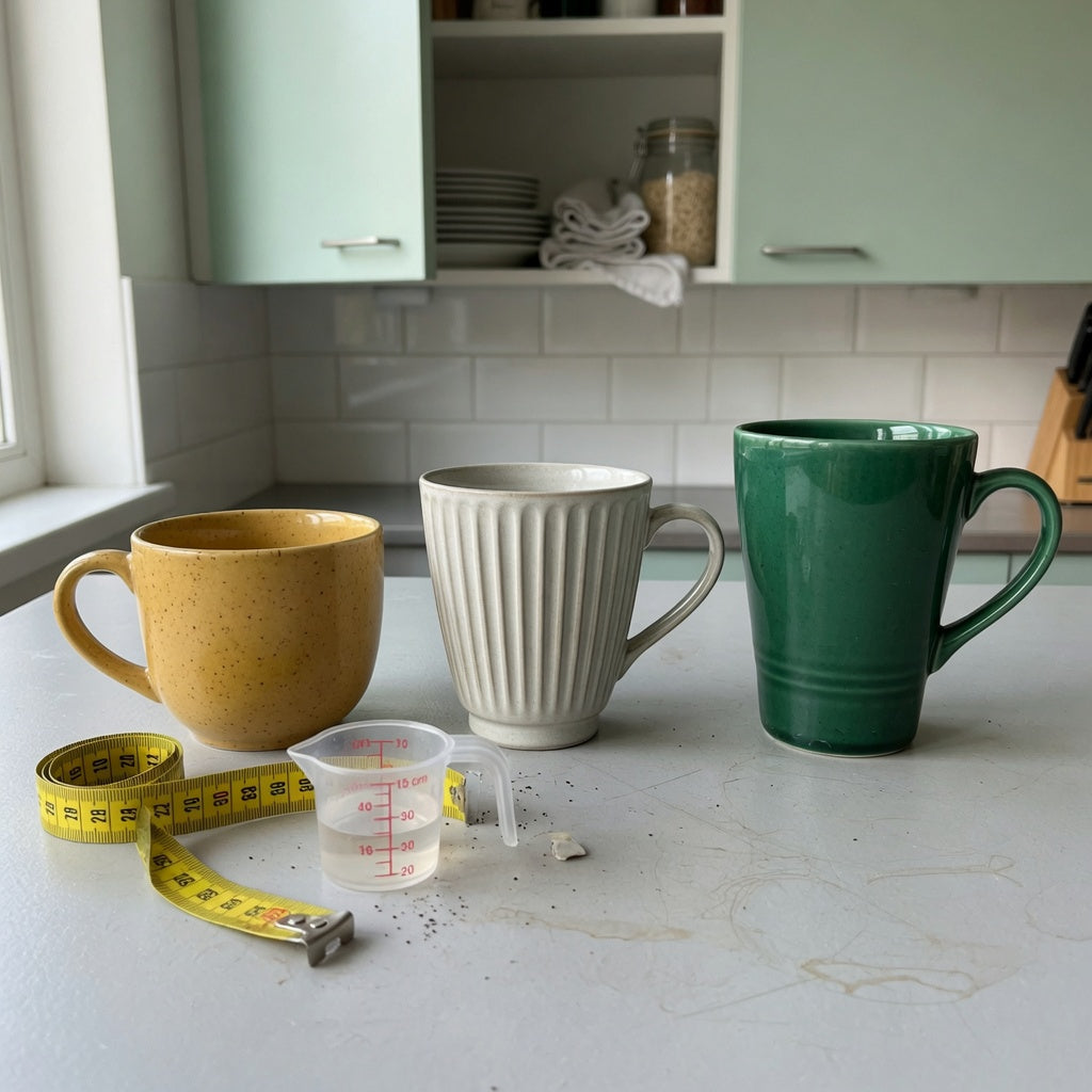 Three cups in a cappuccino coffee mug everyday mug rotation product shortlist guide, arranged by 170 ml, 200 ml, and 270 ml capacity