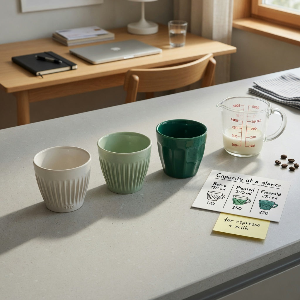 cappuccino coffee mug gift choice practical purchase checklist comparing Retro 170 ml, Pleated 200 ml, and Emerald 270 ml cups on a kitchen counter