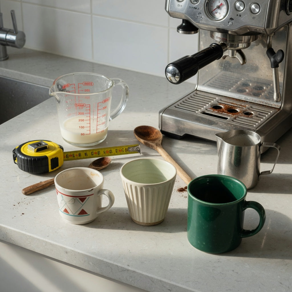 cappuccino coffee mug home coffee station practical purchase checklist setup with three cup capacities, a measuring jug, and counter measurements