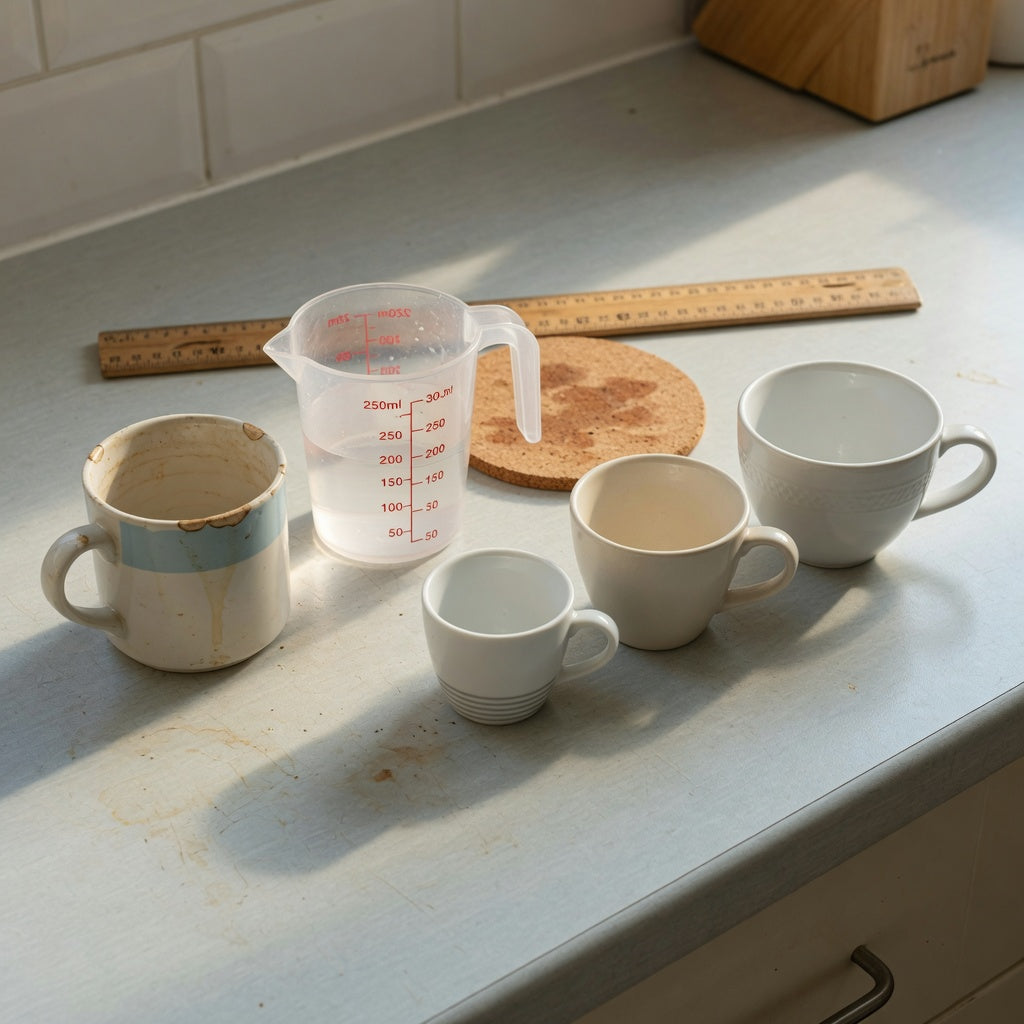 Cappuccino coffee mug replacement purchase practical purchase checklist scene with a chipped old mug, measuring jug, coaster, and three replacement sizes