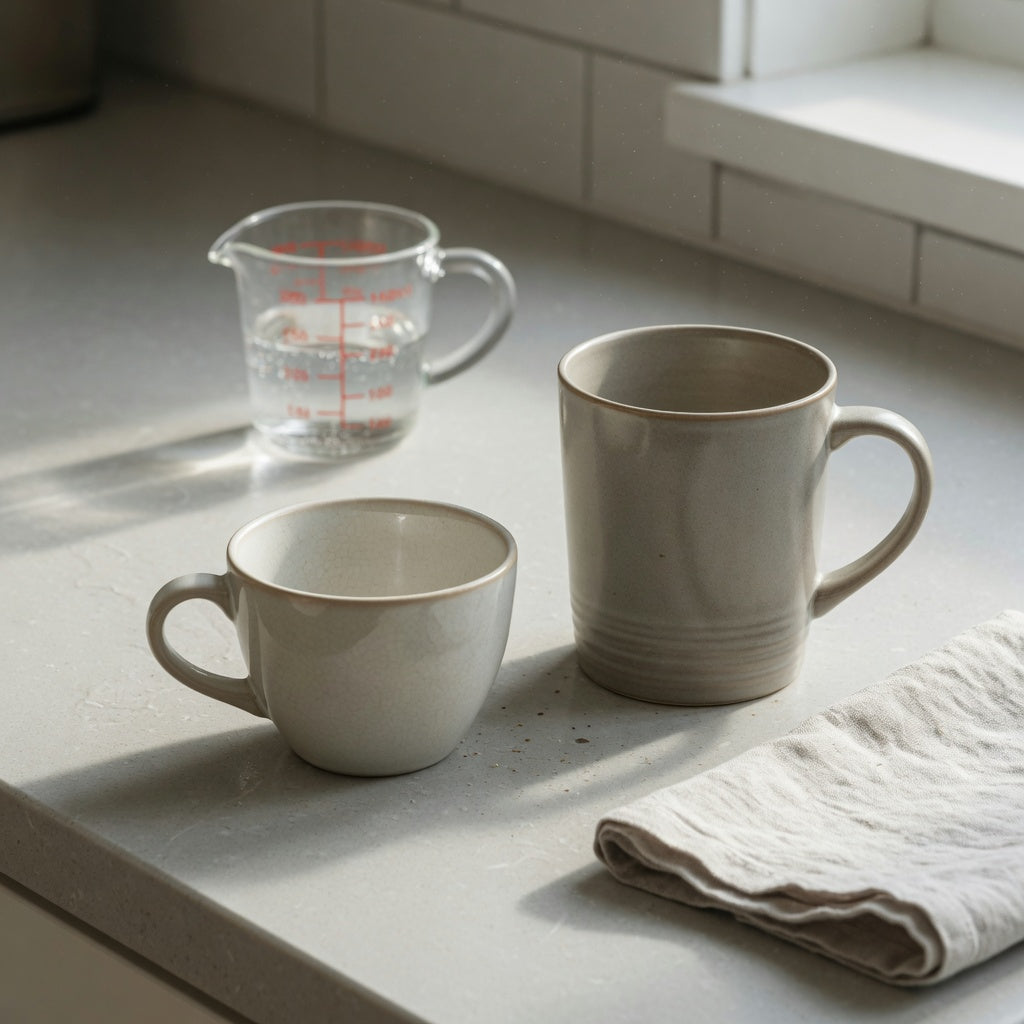 Side-by-side view showing the cappuccino cup vs coffee mug difference in size and shape on a kitchen counter