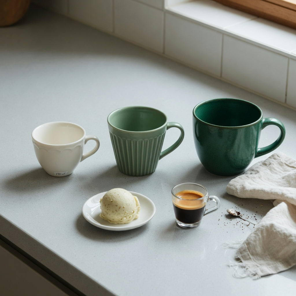 CoffeifyMug ceramic affogato cup comparison showing Retro 170 ml, Pleated 200 ml, and Emerald 270 ml shapes