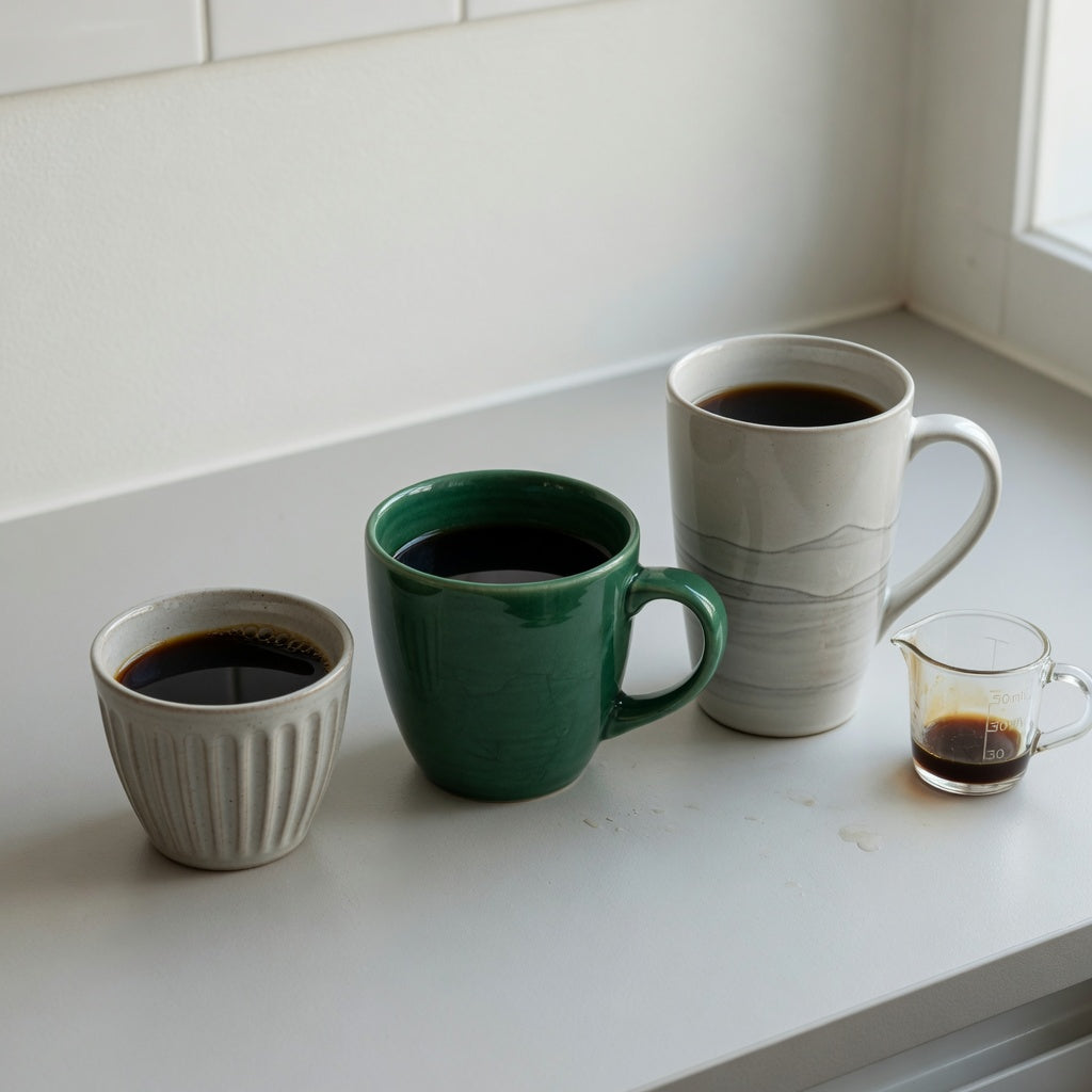 Ceramic americano mug comparison with 200 ml, 270 ml and 350 ml cups showing different headroom