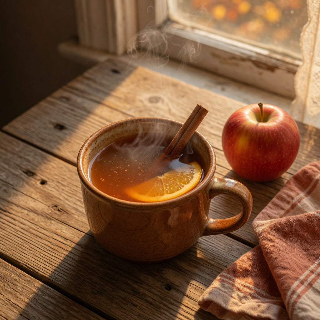 Ceramic apple cider mug filled with spiced cider and a cinnamon stick on a wooden fall table