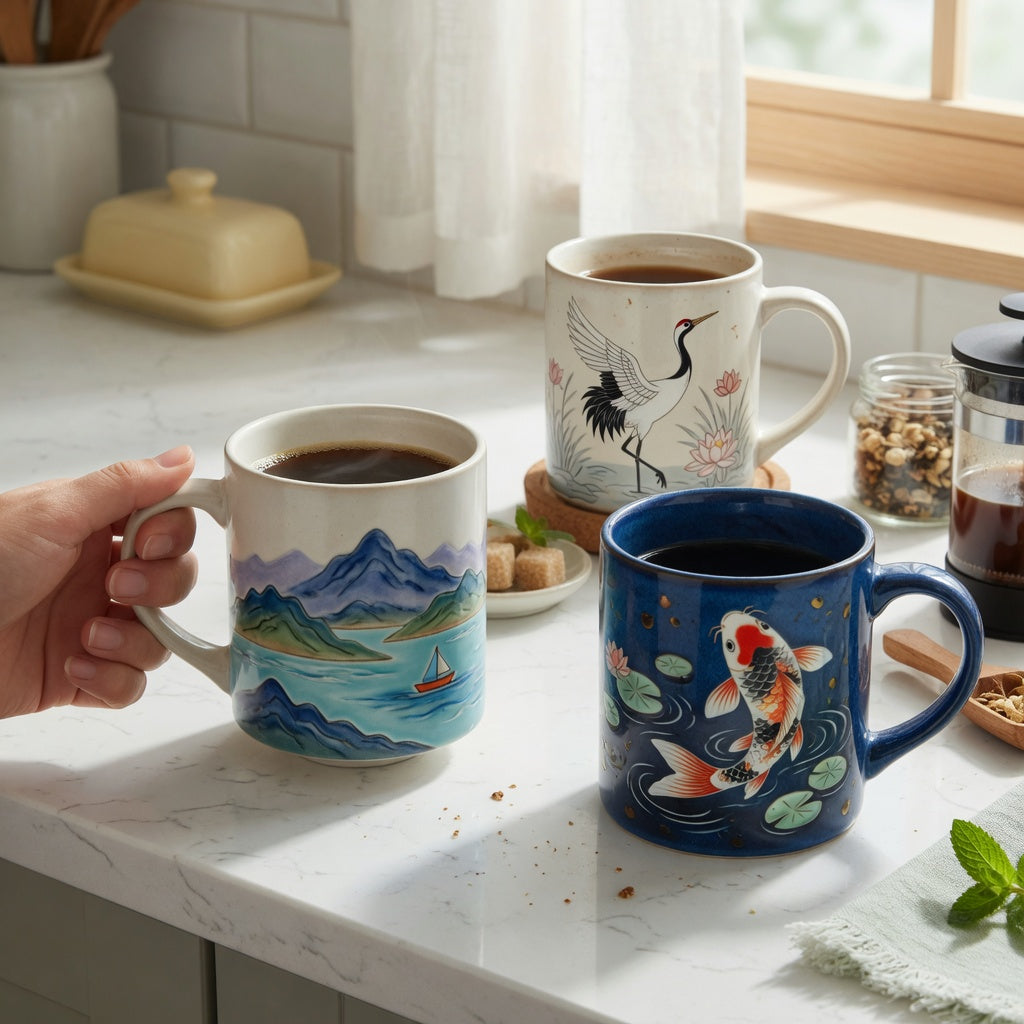 Three ceramic art coffee mugs with mountain-and-sea, koi fish, and crane motifs on a kitchen counter