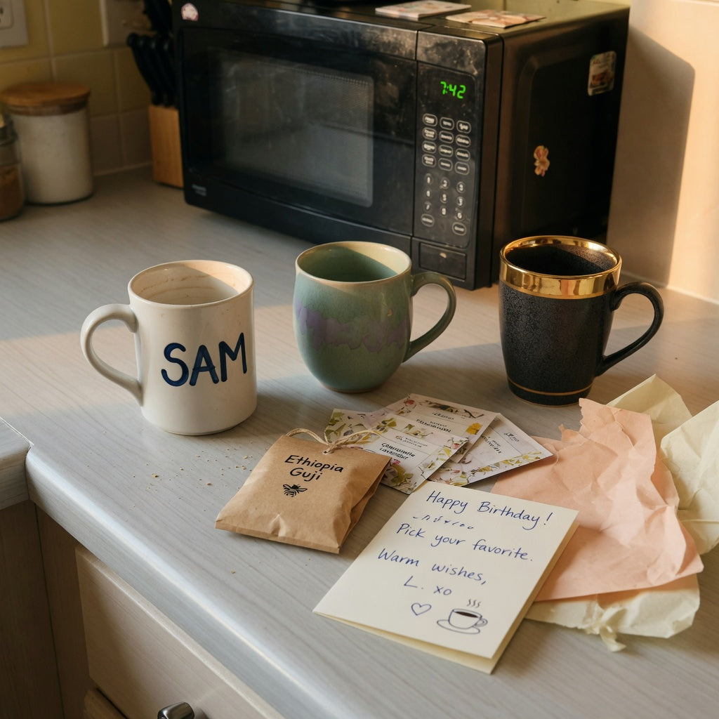 Ceramic birthday mug gift ideas set on a kitchen counter with coffee, tea, and a handwritten care note