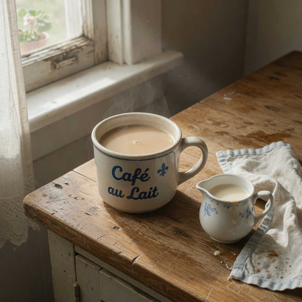 Large ceramic cafe au lait mug filled with milky coffee beside a small pitcher of warm milk on a wooden kitchen counter.