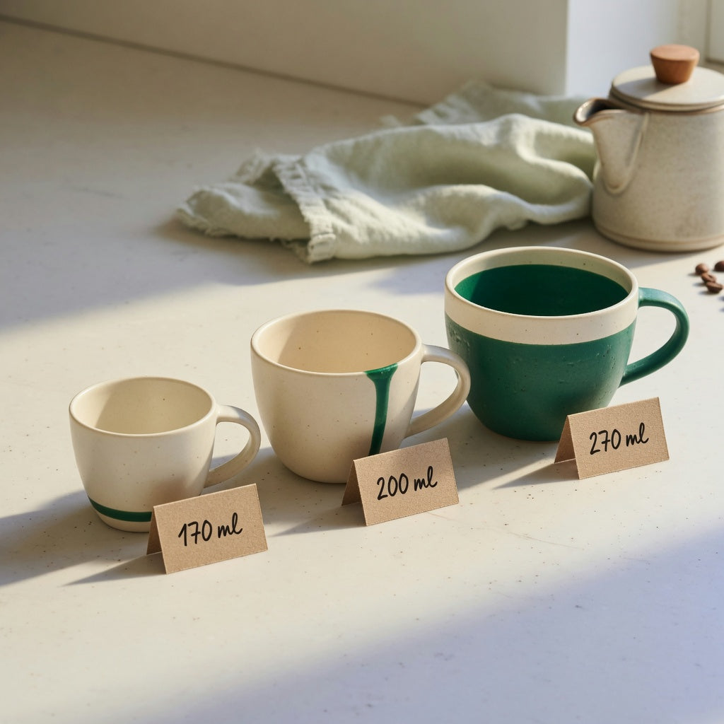 Three ceramic cappuccino mugs in 170 ml, 200 ml, and 270 ml sizes arranged on a kitchen counter