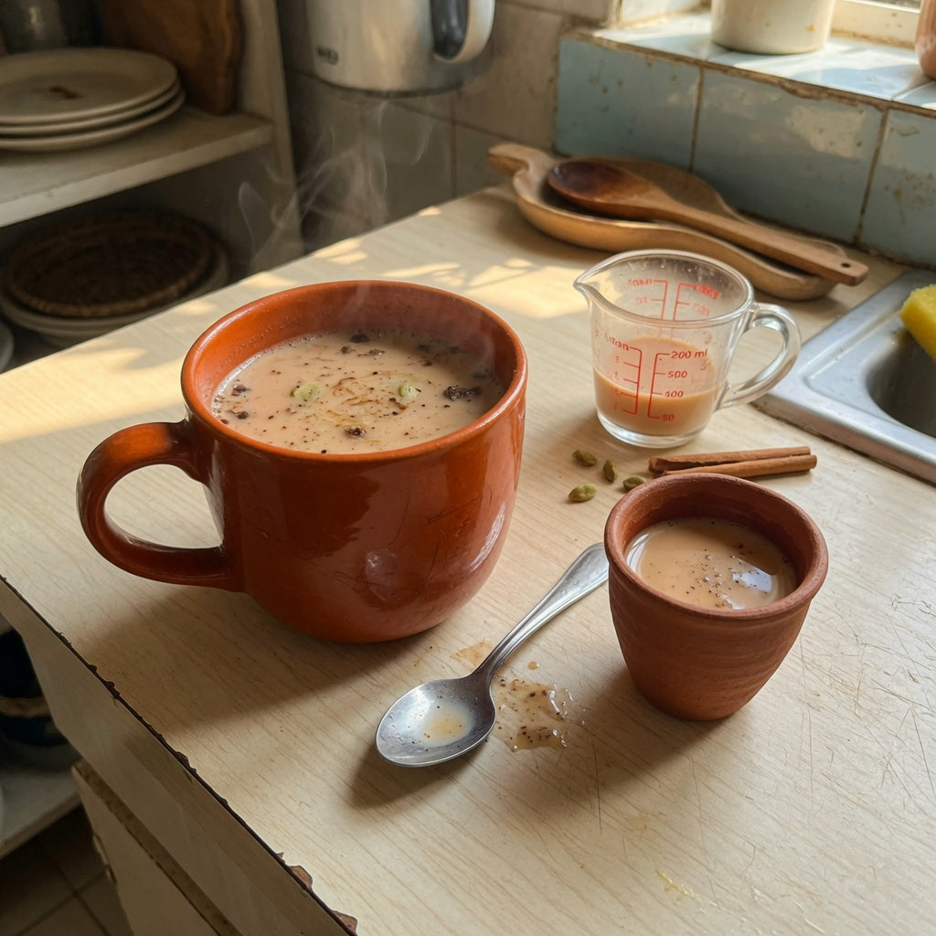 A ceramic chai mug with milky tea beside a smaller handleless kulhad-style cup