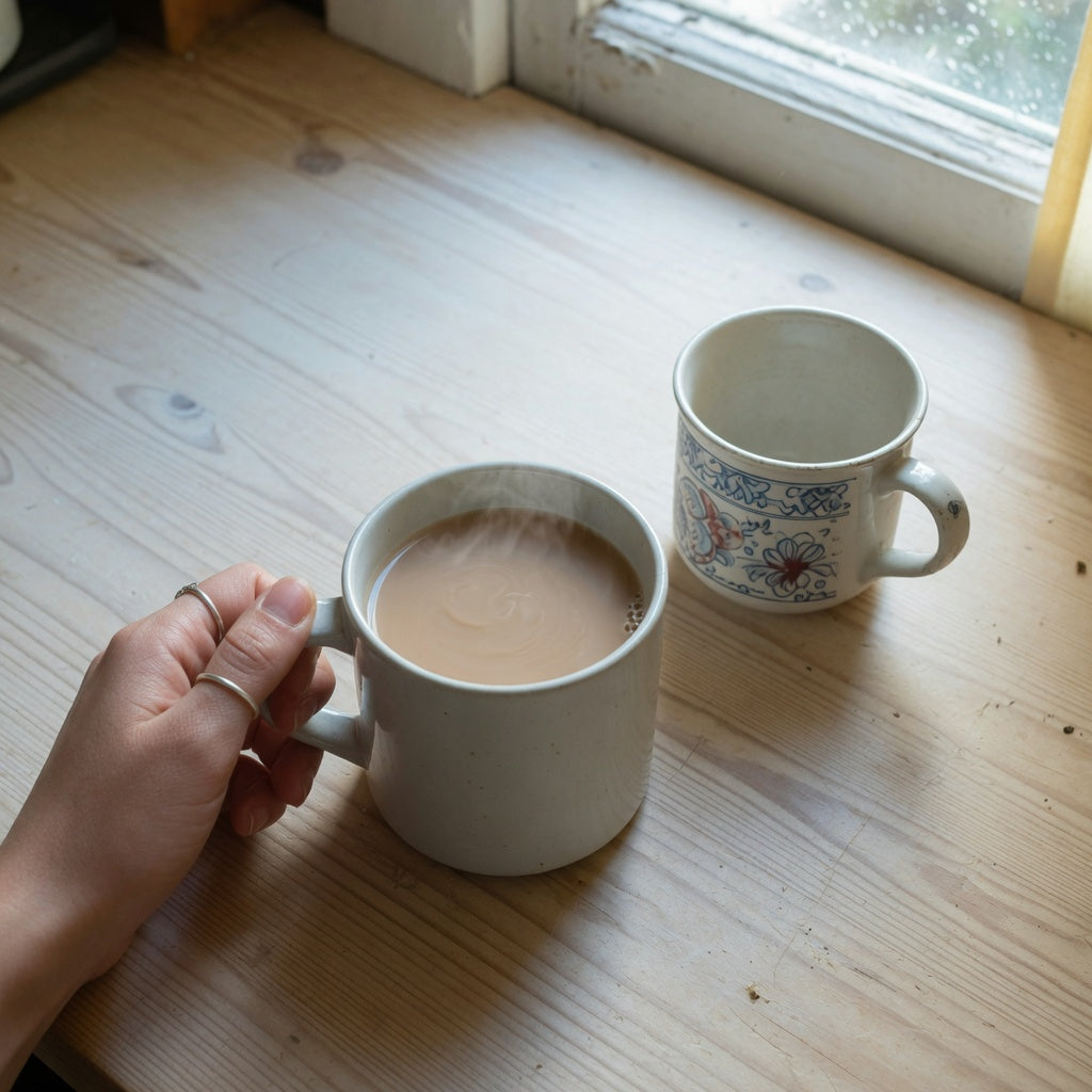 A ceramic chai tea mug filled with milky tea beside a smaller empty mug while a hand checks the handle
