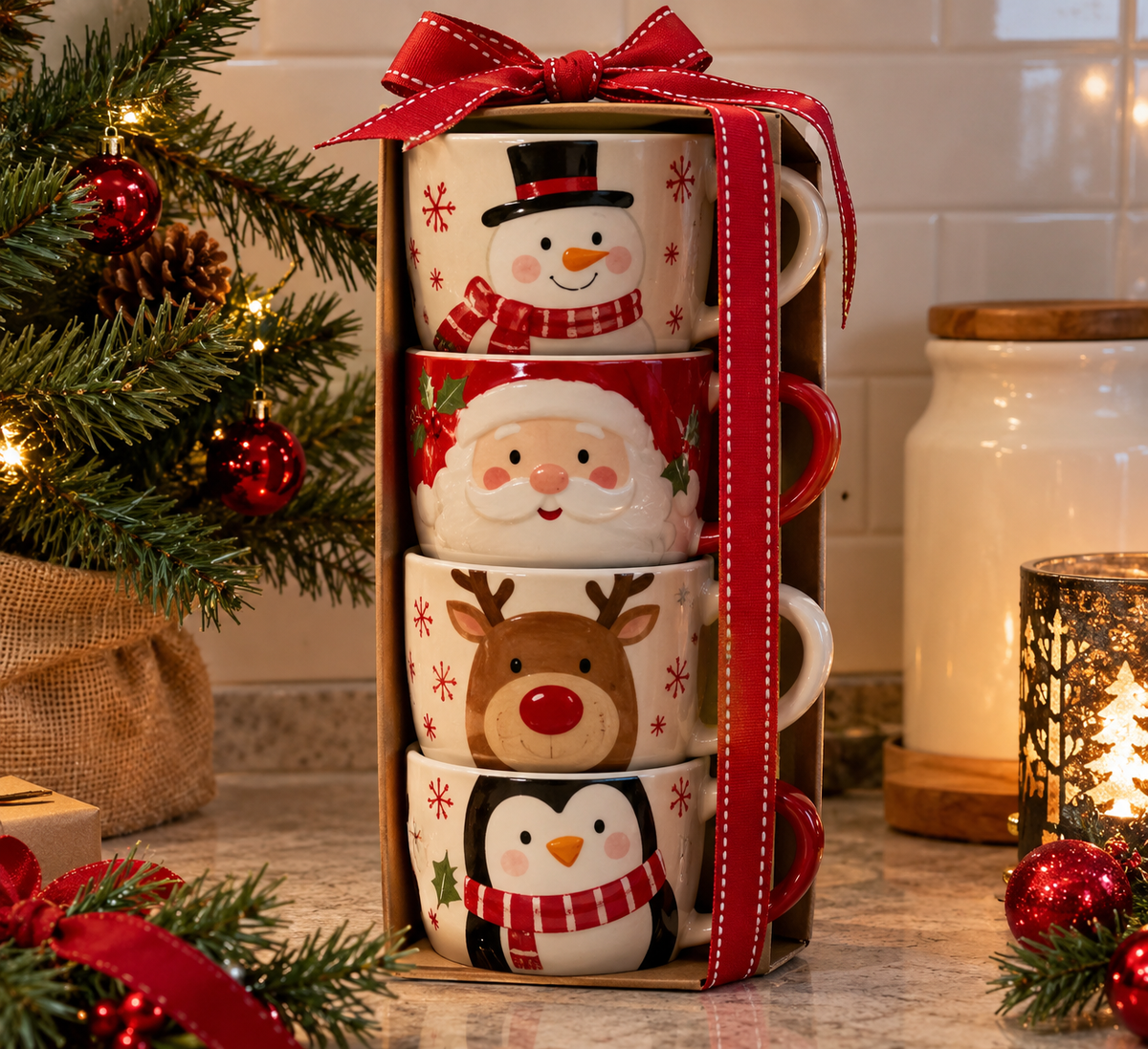 ceramic christmas tea mugs for gift arranged as thoughtful holiday gifts