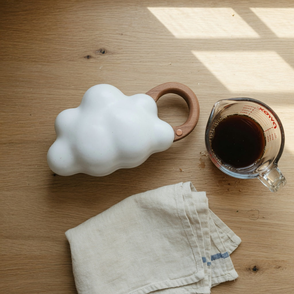 Ceramic cloud mug buying guide comparison: a white sculptural cloud mug with a wooden handle next to a measuring cup of coffee on a kitchen counter.