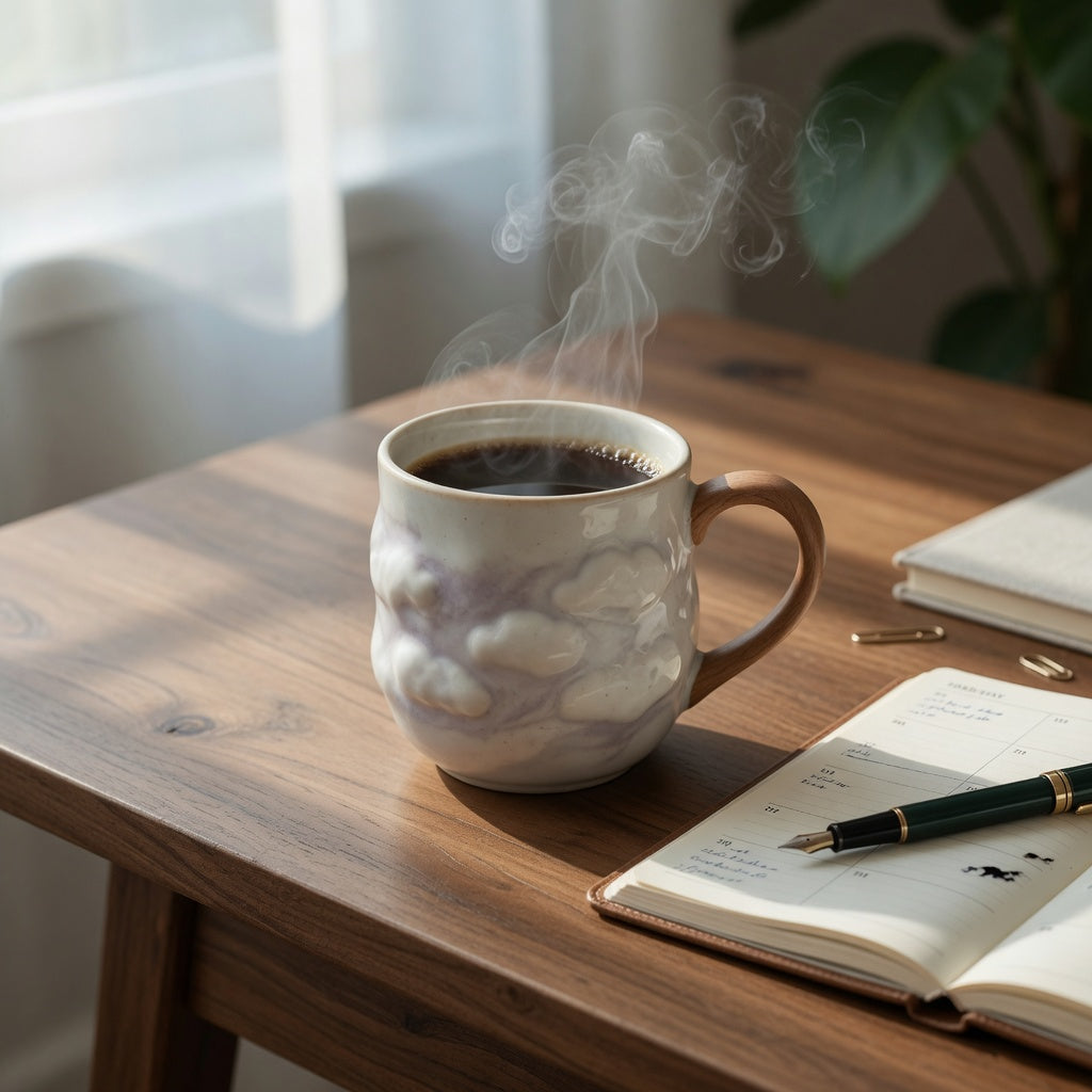 Ceramic cloud mug wooden handle filled with fresh coffee on a sunlit home office desk beside an open notebook.
