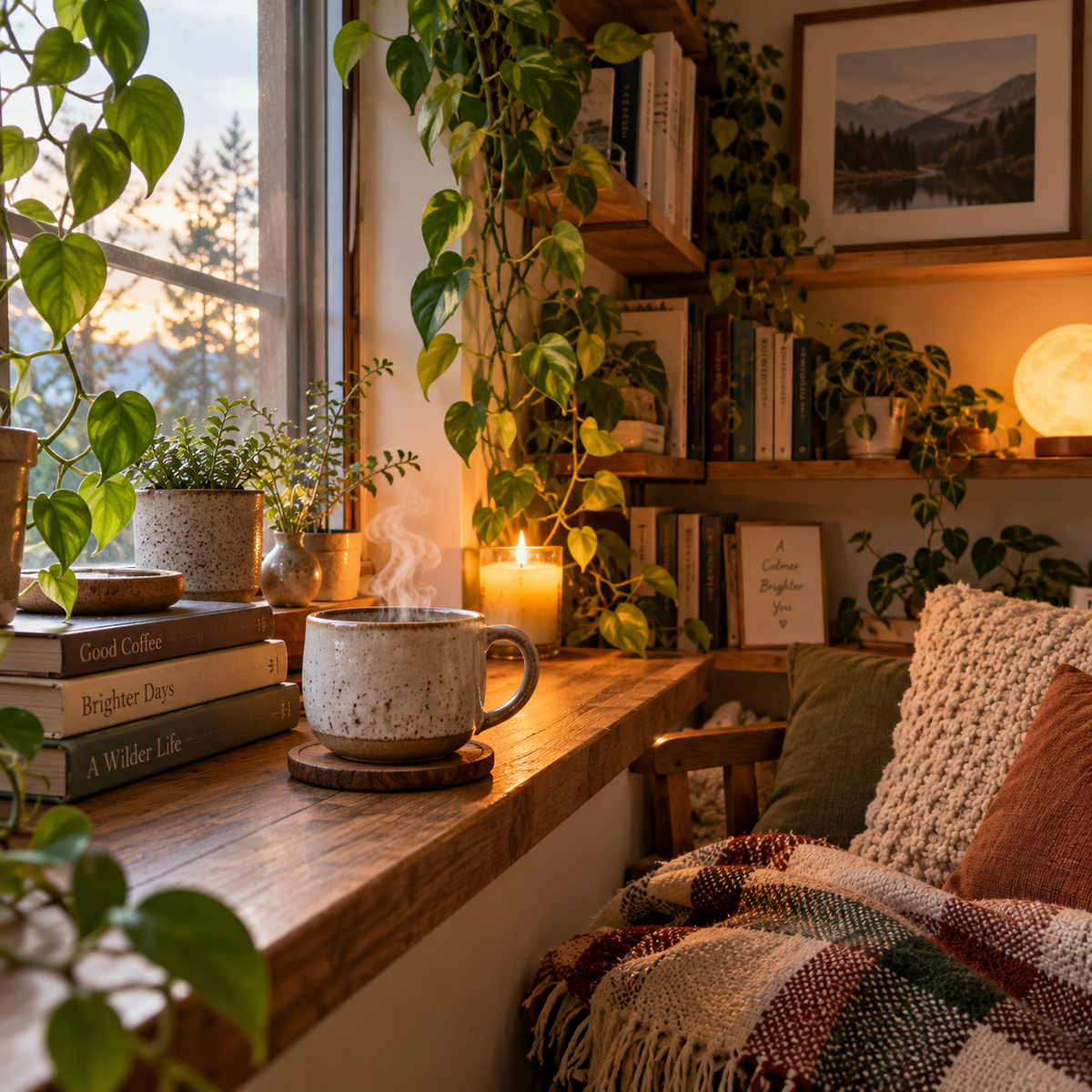 ceramic coffee cup for cozy home corner displayed in stylish home nook with natural light