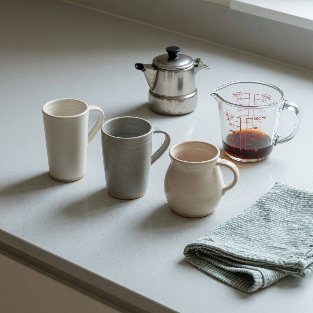 Ceramic coffee cup sizes compared beside a measuring jug on a kitchen counter