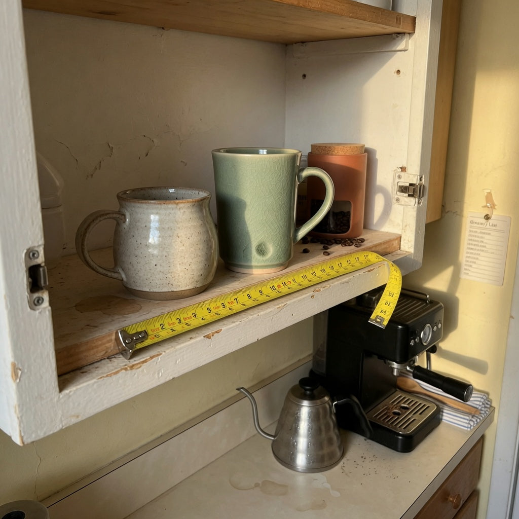 A ceramic coffee mug for small kitchen storage on a shallow shelf with a measuring tape