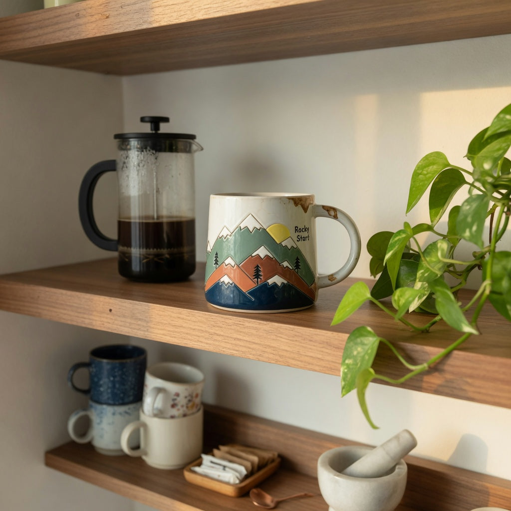 A ceramic coffee mug gift for home decor lovers displayed on an open kitchen shelf beside a coffee bar