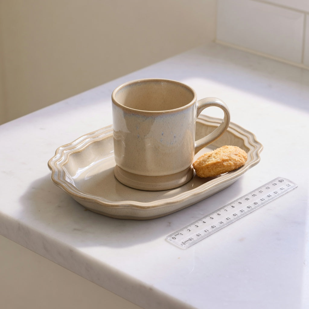 Ceramic coffee mug tray with a glazed mug, biscuit, and measuring ruler on a kitchen counter