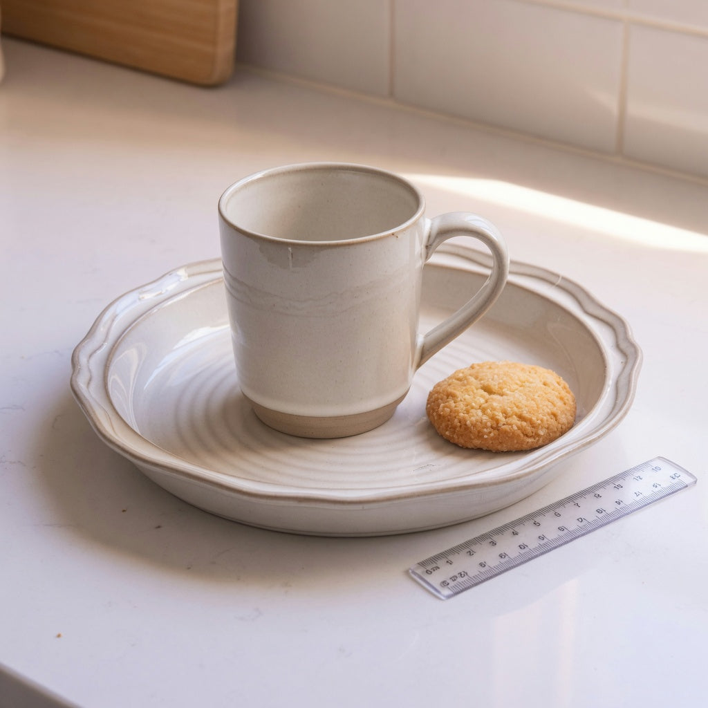 Ceramic coffee mug tray with a glazed mug, biscuit, and measuring ruler on a kitchen counter