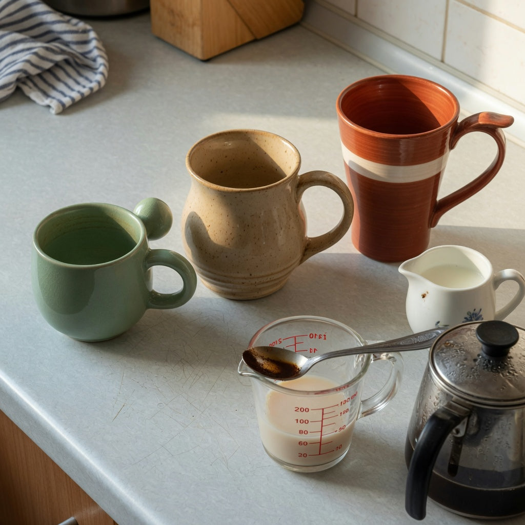 A ceramic coffee mug with handle capacity guide comparing 350 ml, 400 ml, and 480 ml mug forms beside a measuring jug