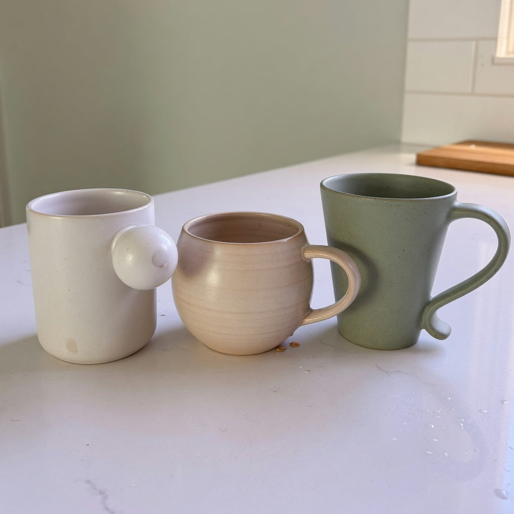 Ceramic coffee mug with handle comparison showing ball, round, and tapered Flow mug styles