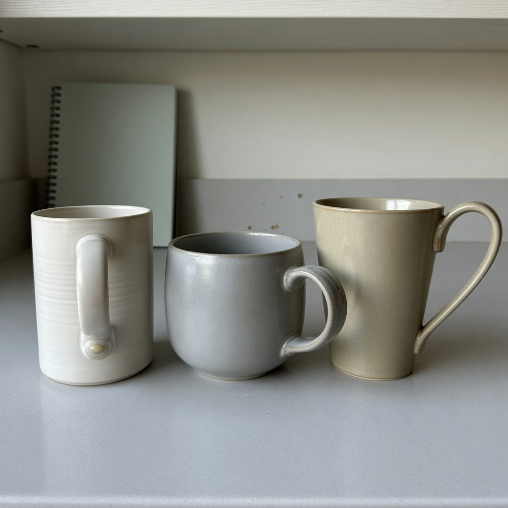 ceramic coffee mug with handle current product facts comparison showing ball, rounded-loop, and elongated-handle shapes