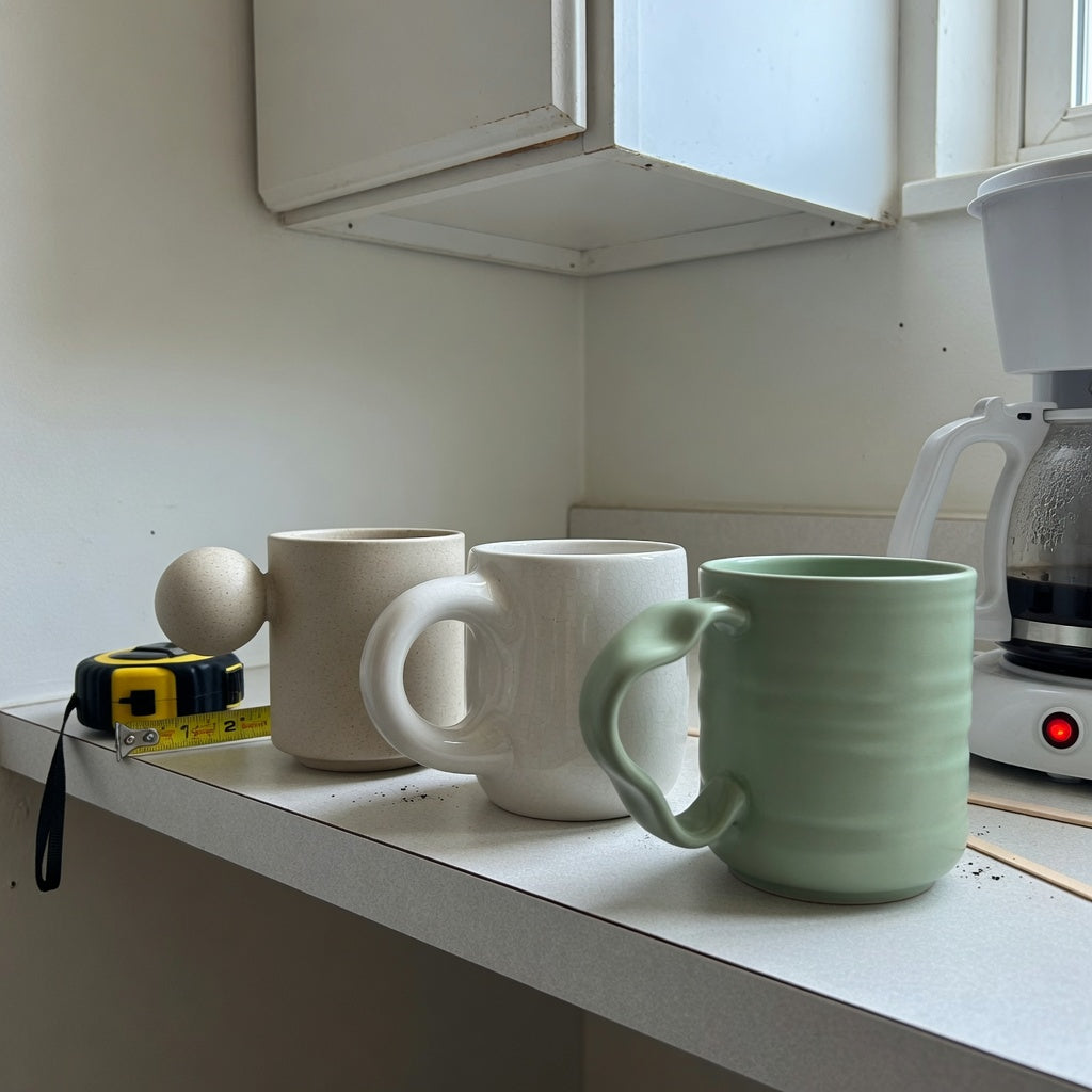 Ceramic coffee mug with handle compact kitchen practical purchase checklist showing three handle forms beside a shallow cabinet