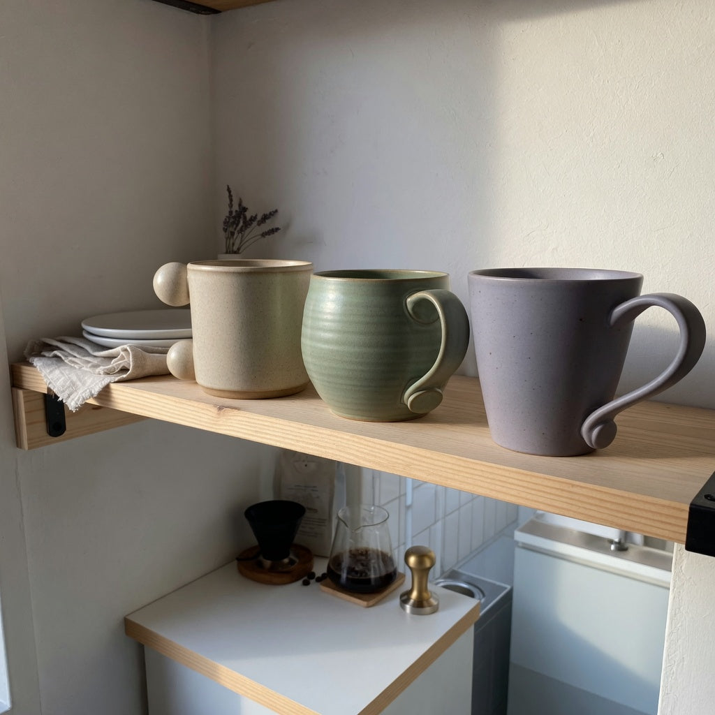 Ceramic coffee mug with handle compact kitchen product shortlist guide showing three mug shapes on a shallow kitchen shelf