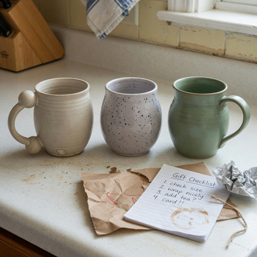 ceramic coffee mug with handle gift choice practical purchase checklist beside ball-handled, round, and flowing mug forms