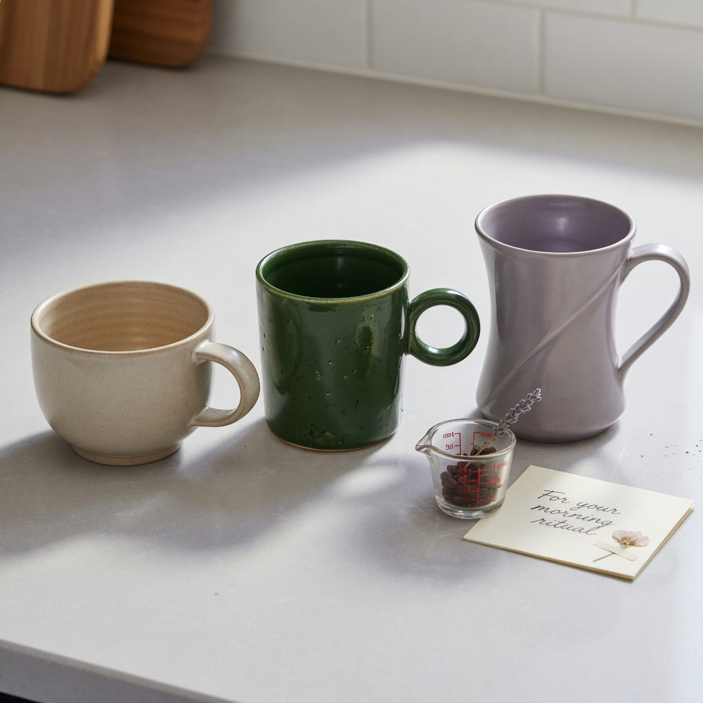 Ceramic coffee mug with handle gift choice product shortlist guide showing round, ball-handled, and flowing vessel options