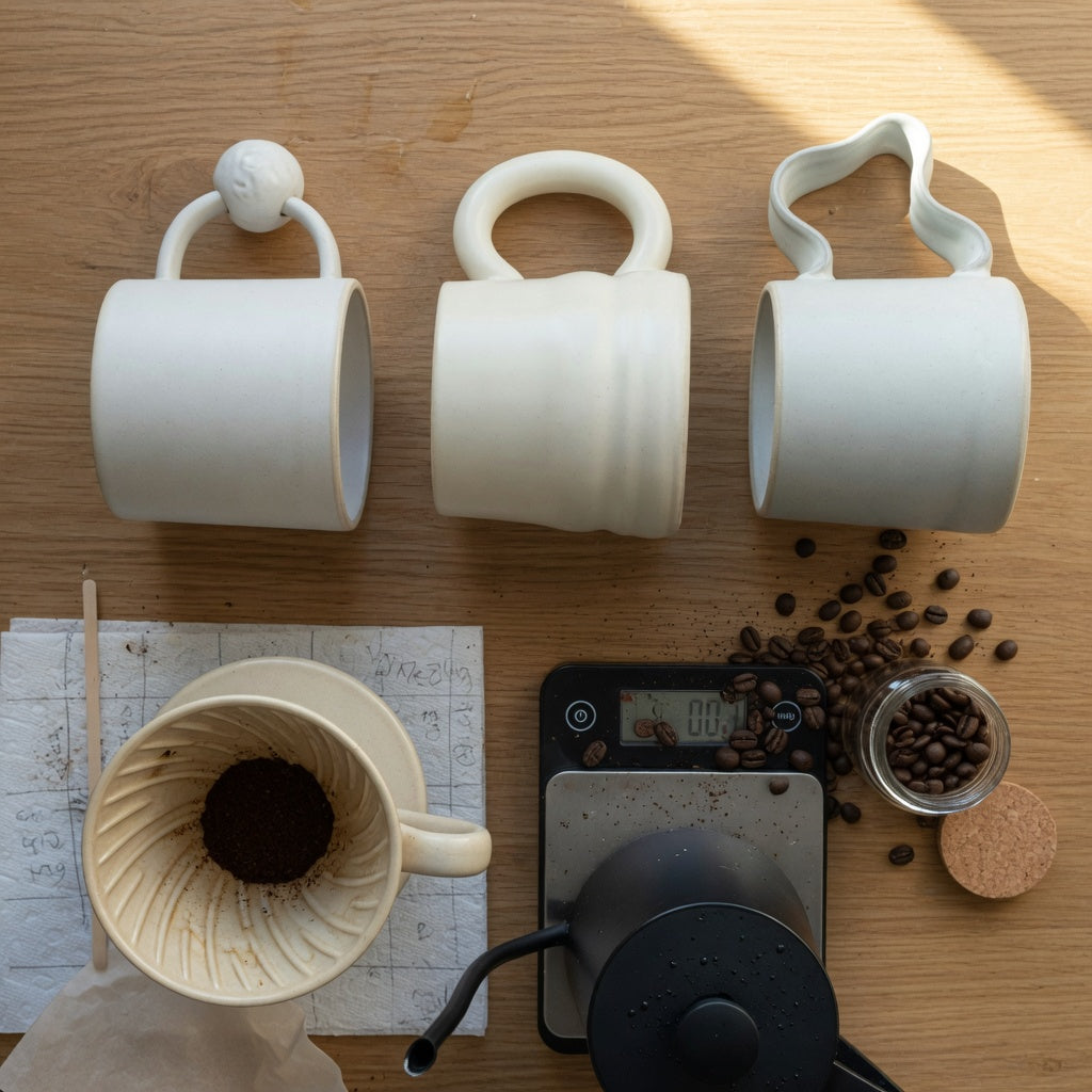 Ceramic coffee mug with handle home coffee station practical purchase checklist comparison with three handle forms beside a kettle, scale, and dripper