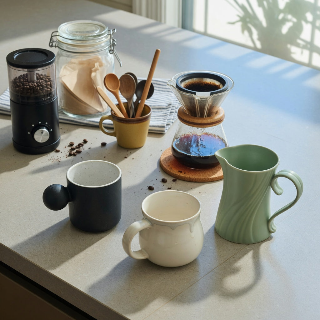 ceramic coffee mug with handle home coffee station product shortlist guide showing ball-handled, round, and Flow mug shapes beside a brewer