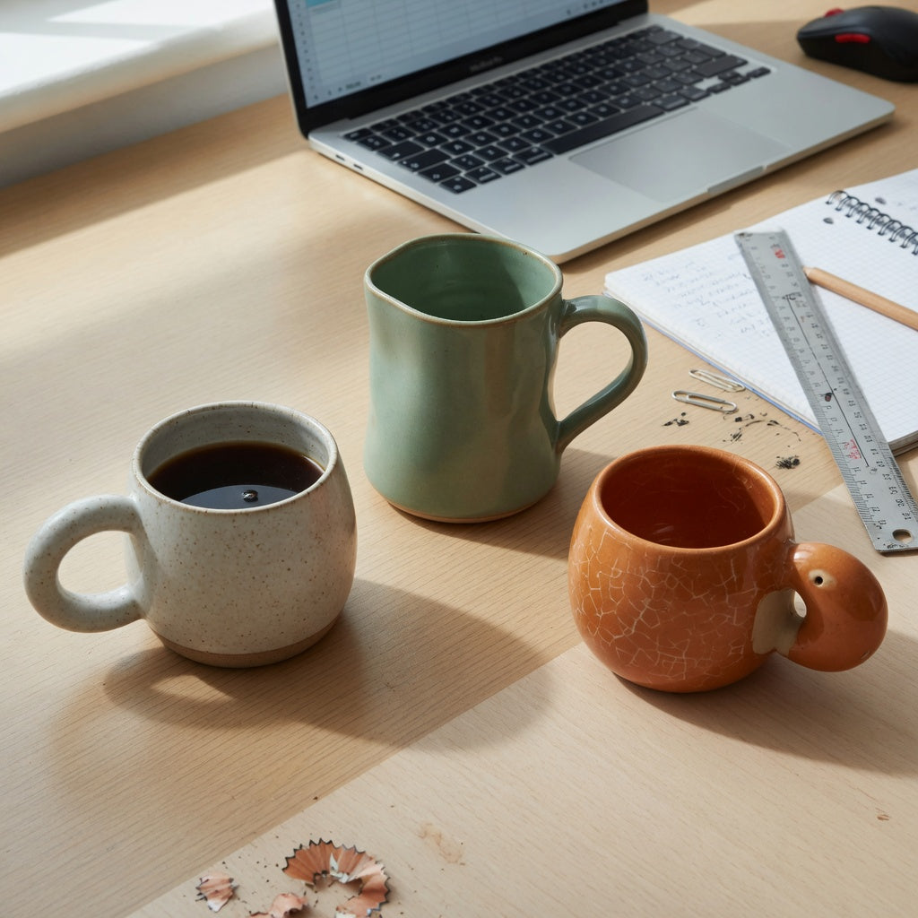 ceramic coffee mug with handle home office practical purchase checklist showing three handled mug shapes beside a laptop and notebook