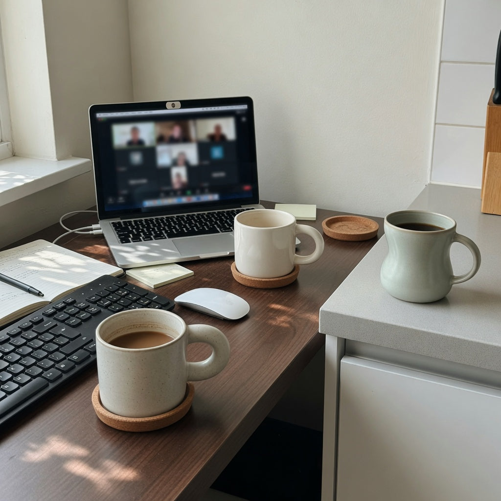 ceramic coffee mug with handle home office product shortlist guide comparing ball-handled, round, and flowing mug shapes on a desk