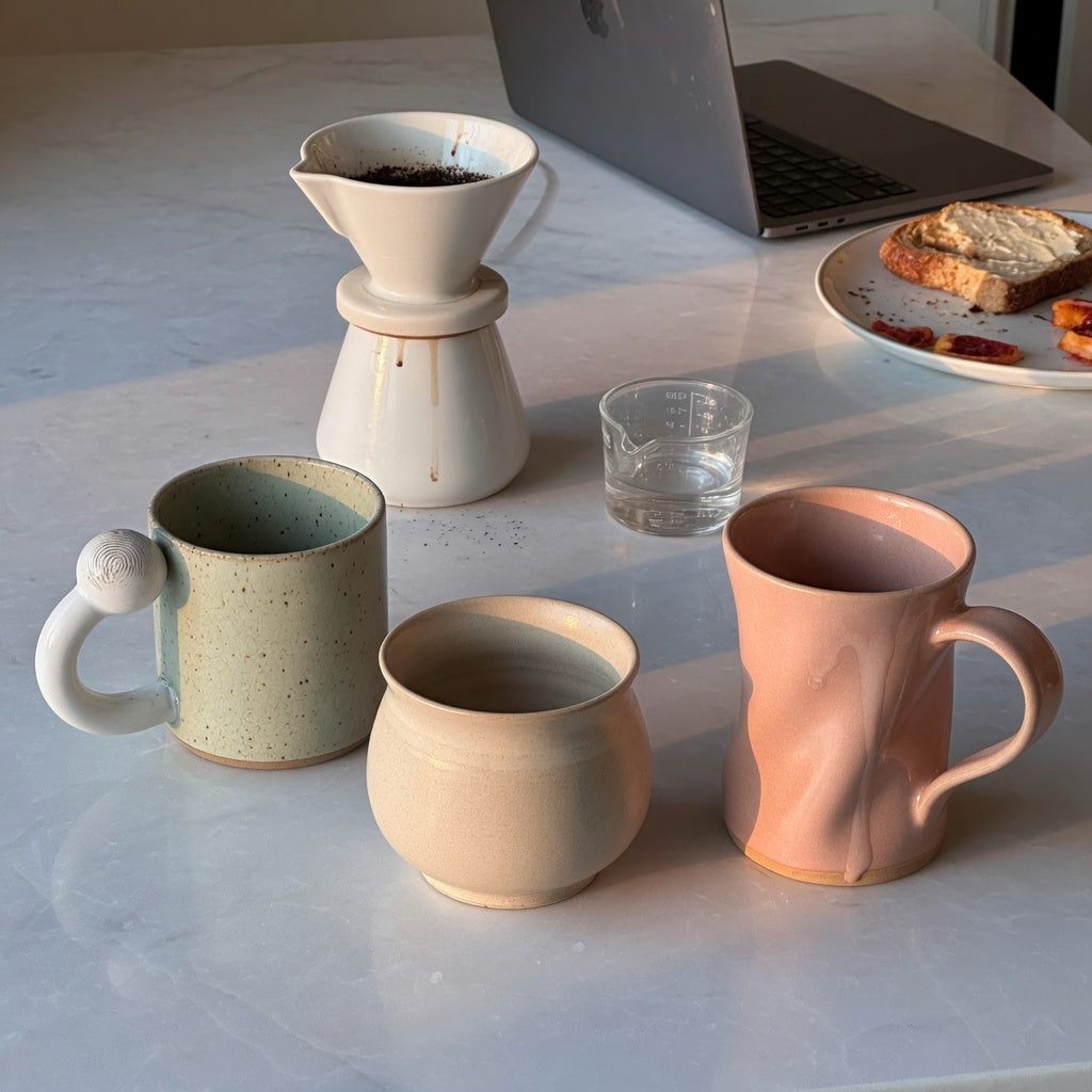 Ceramic coffee mug with handle morning routine product shortlist guide comparing ball-detail, round, and flowing vessel shapes beside a brewer