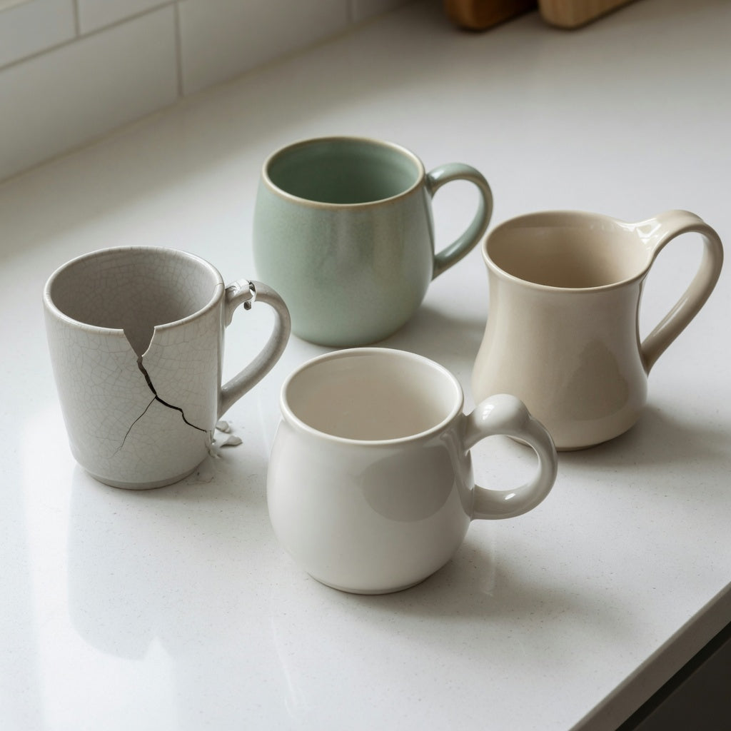 ceramic coffee mug with handle replacement purchase product shortlist guide showing three 12 oz options beside a cracked mug