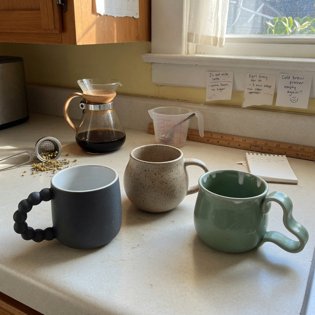 Kitchen counter used for a ceramic coffee mug with handle shared household practical purchase checklist, showing ball-handled, round, and flowing mug profiles