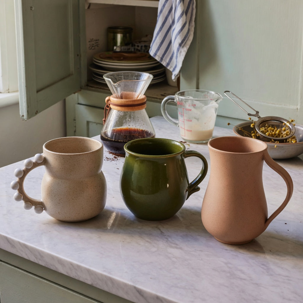 ceramic coffee mug with handle shared household product shortlist guide with ball-handled, round, and flow-shaped mugs on a shared kitchen counter