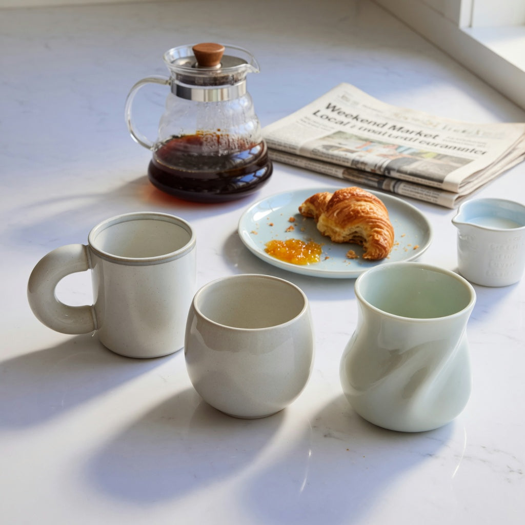 ceramic coffee mug with handle weekend coffee practical purchase checklist showing ball-handle, round, and flowing vessel options