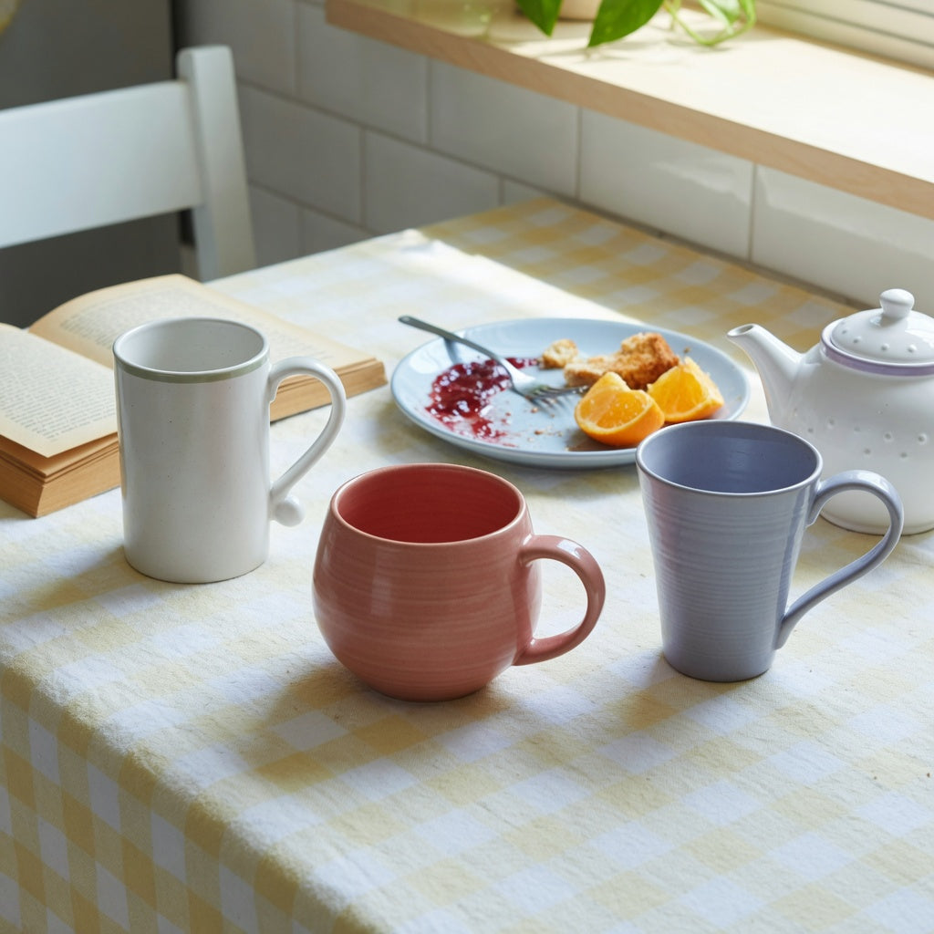 Ceramic coffee mug with handle weekend coffee product shortlist guide comparison of ball-loop, round C-curve, and flowing-handle mugs on a breakfast table