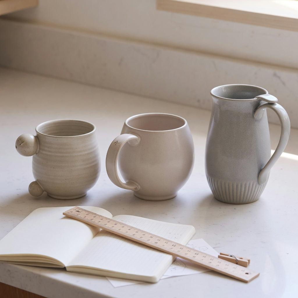 ceramic coffee mug with handle shape and handle guide comparing ball-handled, round, and flowing ceramic mugs on a kitchen counter