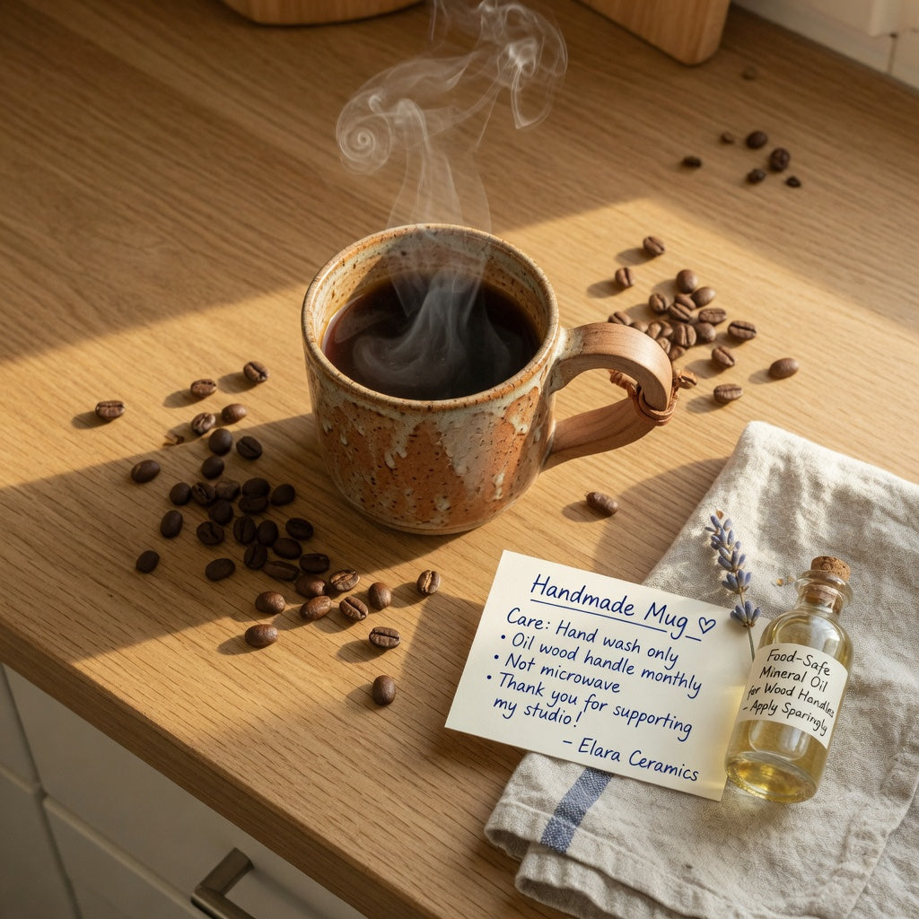 Ceramic coffee mug with wooden handle gift for coffee lovers steaming on a kitchen counter beside coffee beans and a care card