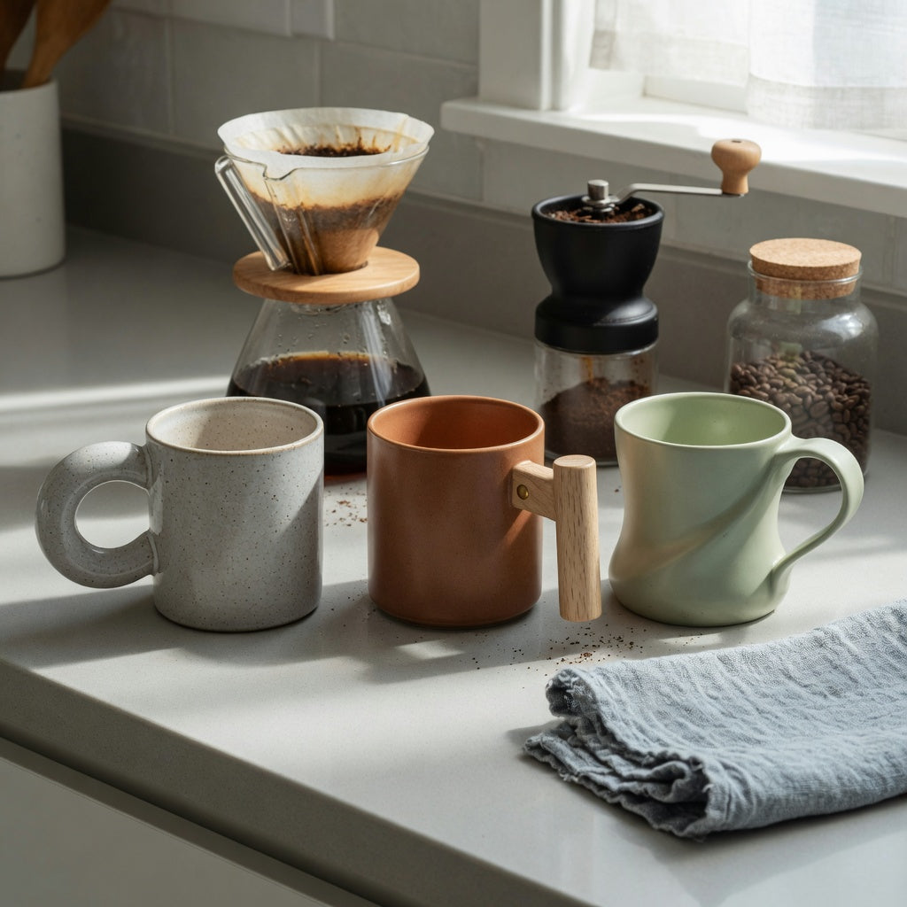 Three mugs for the ceramic coffee mugs with large handles home coffee station product shortlist guide, arranged beside a pour-over setup