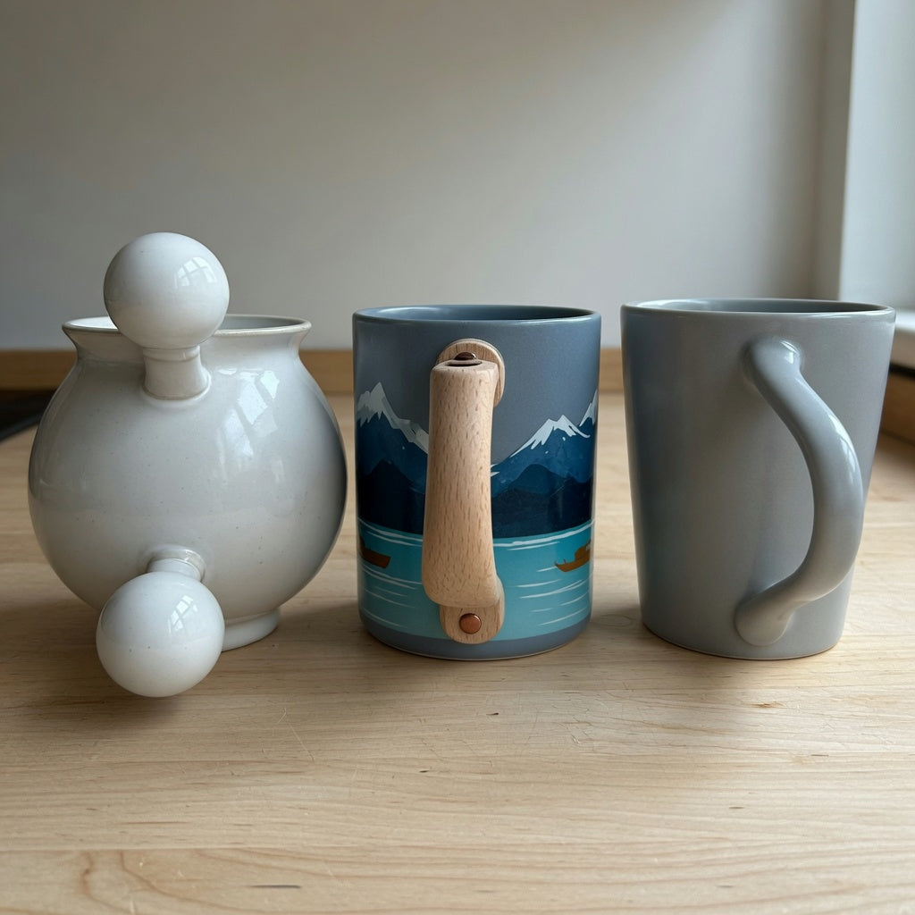 Ceramic coffee mugs with large handles current product facts comparison showing ball, wooden, and flowing handle styles