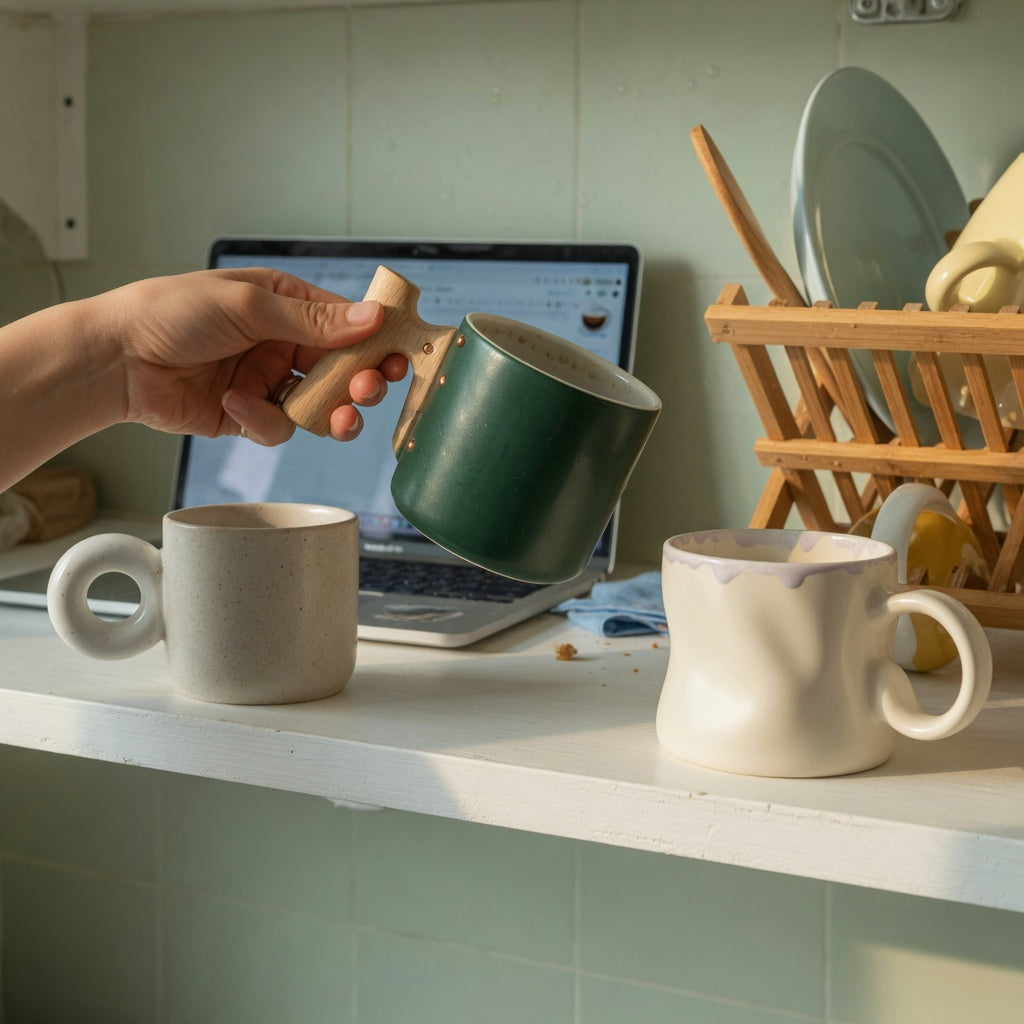 ceramic coffee mugs with large handles everyday mug rotation practical purchase checklist on an open kitchen shelf