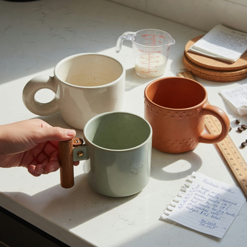 Ceramic coffee mugs with large handles first time buyer practical purchase checklist with a hand measuring handle clearance