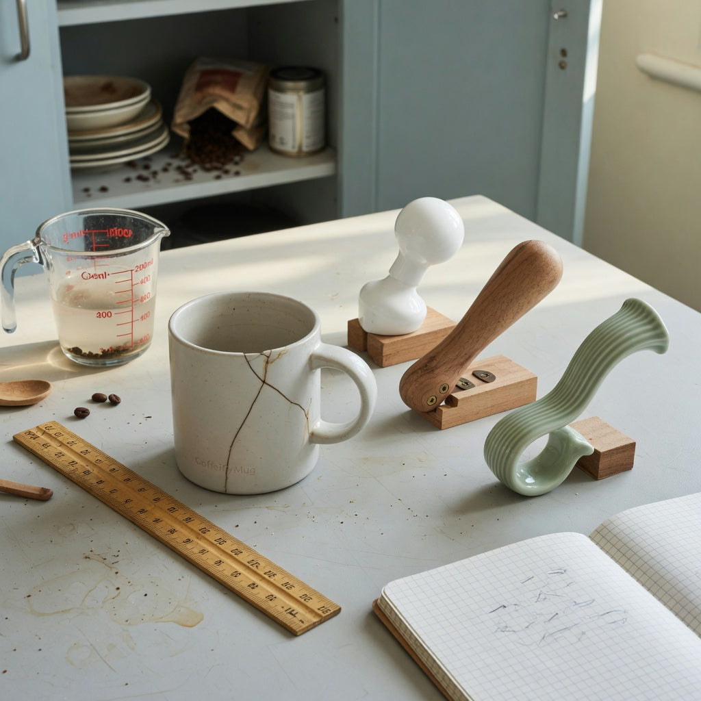 Ceramic coffee mugs with large handles replacement purchase practical purchase checklist with a cracked mug, ruler, and three replacement handle styles