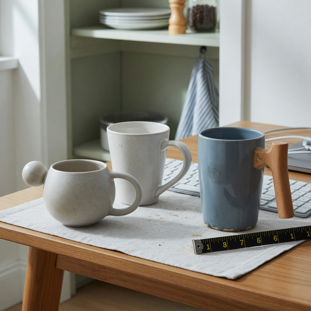 ceramic coffee mugs with large handles size decision guide comparing smaller and larger mugs on an office desk