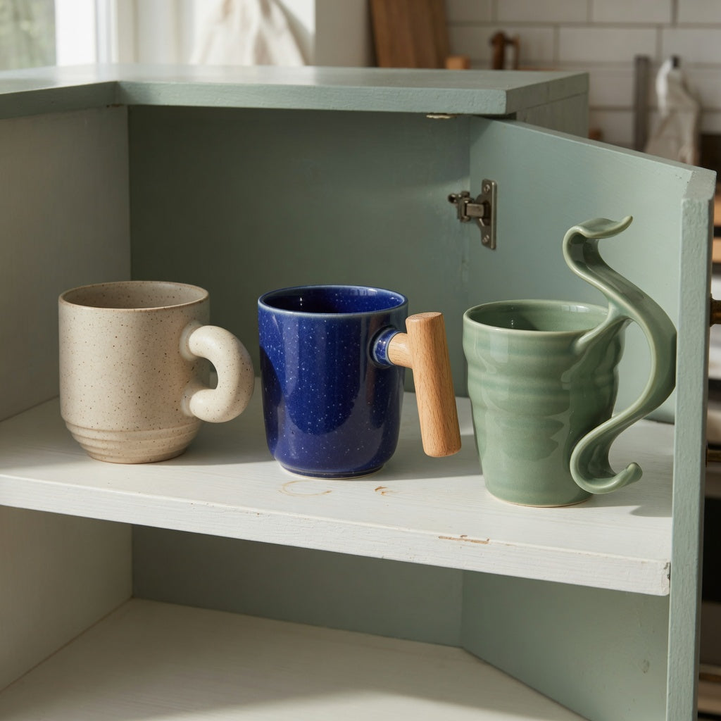 ceramic coffee mugs with large handles storage fit guide showing ball, wooden, and flowing handles on a cabinet shelf